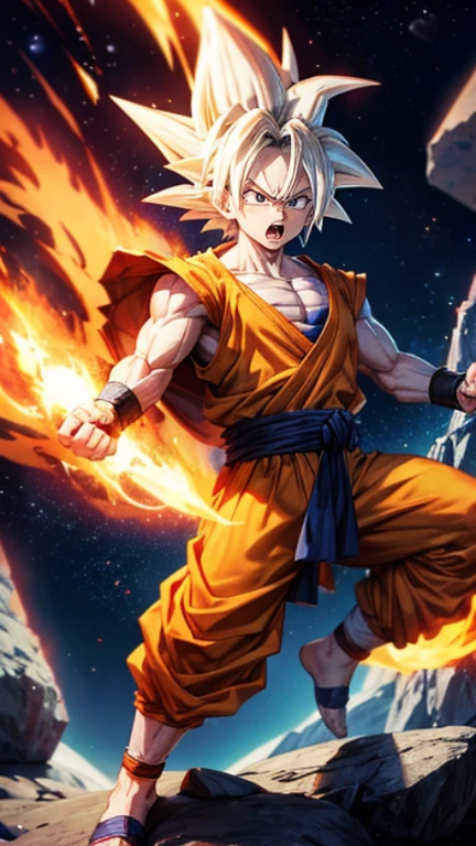 Goku Ultra Instinct, dragonballz, white fire, wearing typical dragonball clothes. Very angry. The background is darked, flying pebbles, wind, thick smoke, lots of big rocks, fire