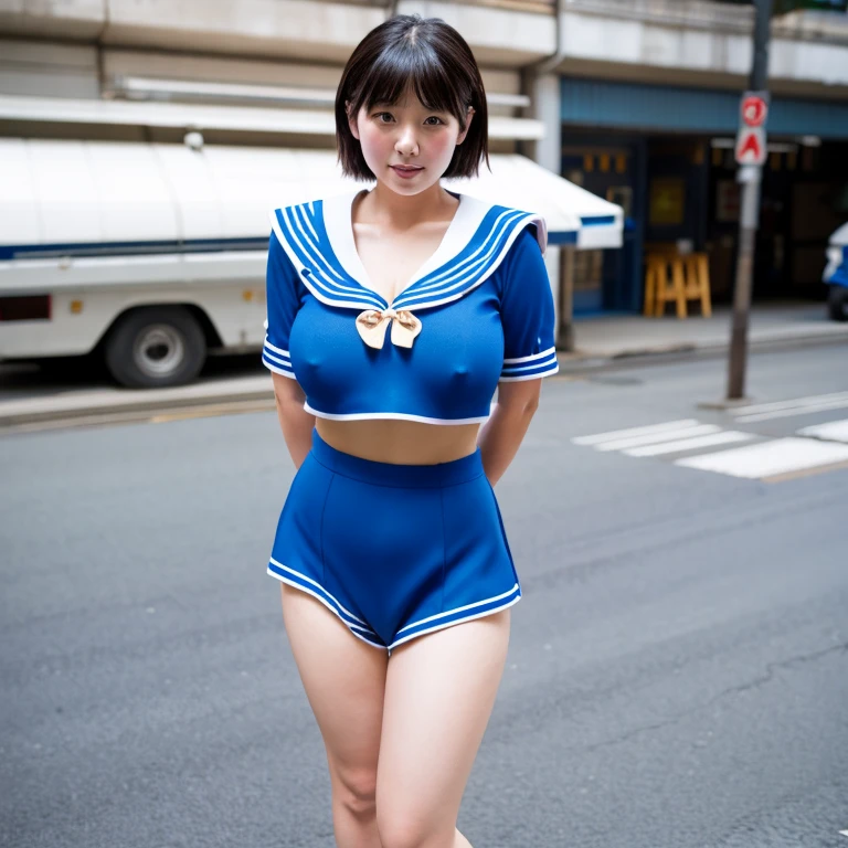 40 year old half-naked Japanese woman。Open blue sailor suit showing big breasts。With the crotch exposed、half blue miniskirt。Full body with big breasts and pubic hair exposed。plump thick legs。Pants on the thighs。Brown leather shoes。The background is a city sidewalk。