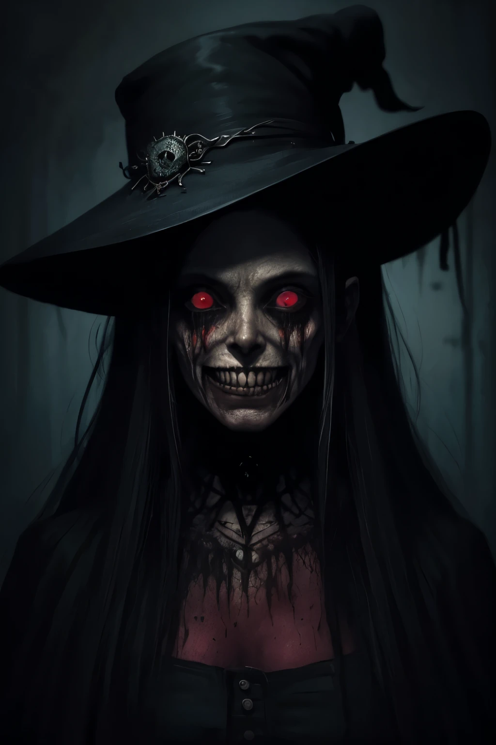 (anime, digital paint, old witch peering from the shadows, sinister and creepy, watching the children with a sly smile, dark and twisted interior of the house, ominous atmosphere)