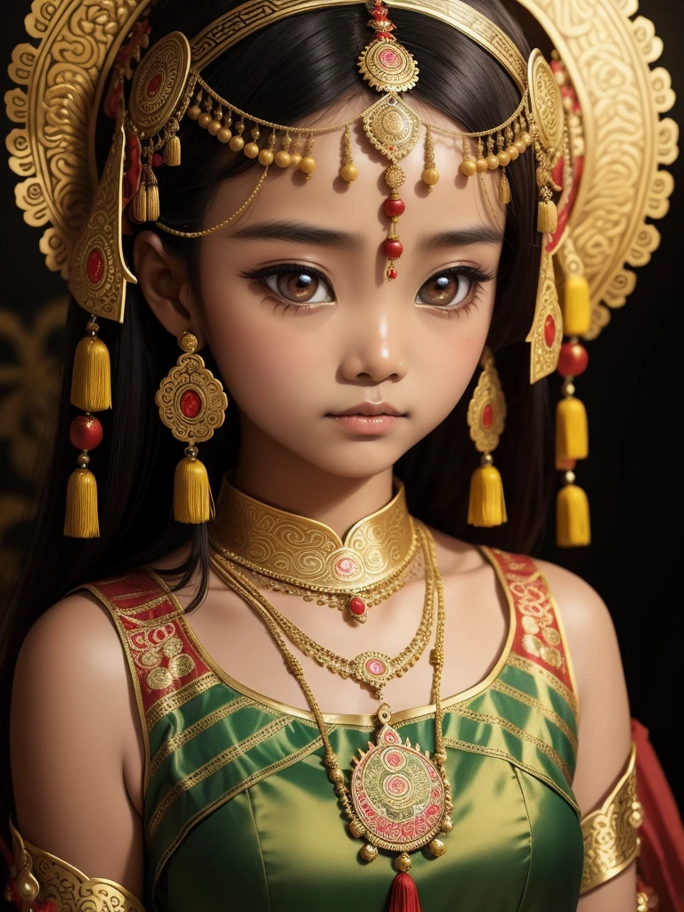 a chinese girl as a indian princess, Bindi, Ornate Indian traditional clothing, nose ornament, make up, big eyes,garde digitally photograph