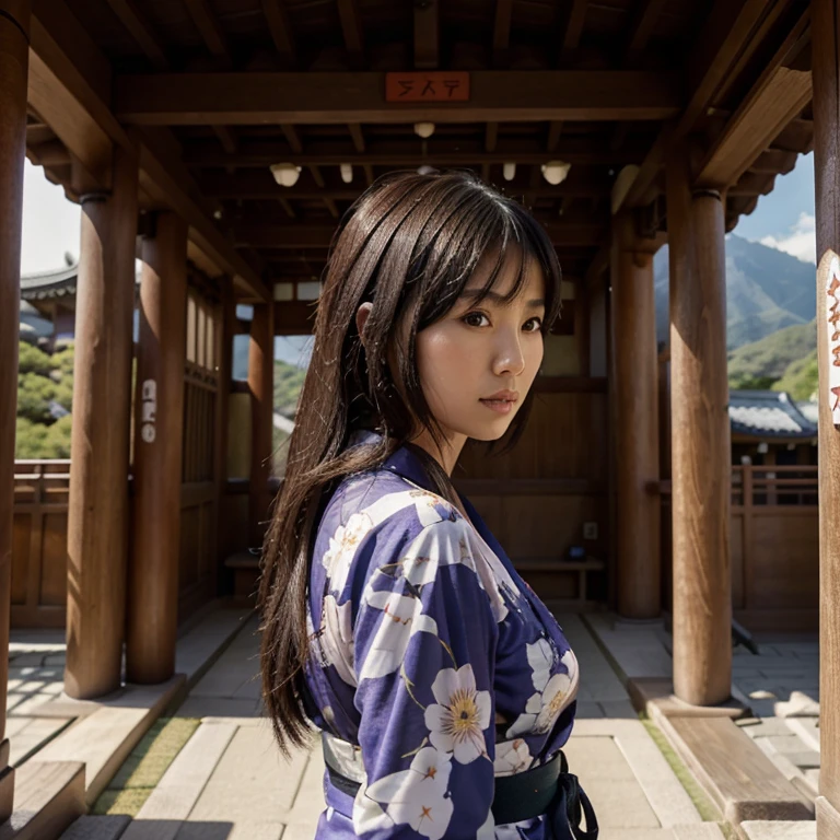Japanese Woman Wearing Yukata at Mountains Temple, cuerpo hermoso, ojos grandes, cabello negro largo, cuerpo completo, hiperalista arte digital 4k.