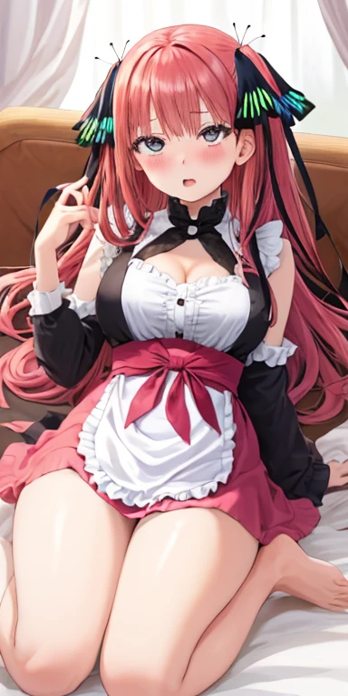 1 girl, solo, Nakano Nino, pink hair, butterfly hair ornament, (barefoot:1.3), (white apron),, cleavage, thighs thighs thighs, Cafe background, (blush:1.3),please open your mouth wide