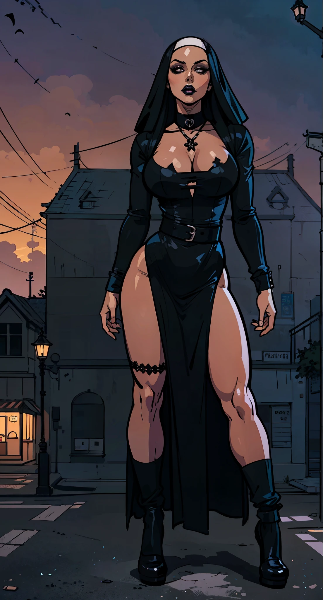 (((illustration))), 1girl, solo, Black Gothic Nun Dress , Athletic Body , Extreme Detailed Portrait With Bokeh Effect , Realistic Lighting , Night Street View , Dark Vibe , Crowd , Gothic Makeup , Gothic Tattoo , Posing Like a Model , Look at Viewer, cool lighting, blue street lamp light ((sunset ambiance light:1.0)), (((in manga style)))