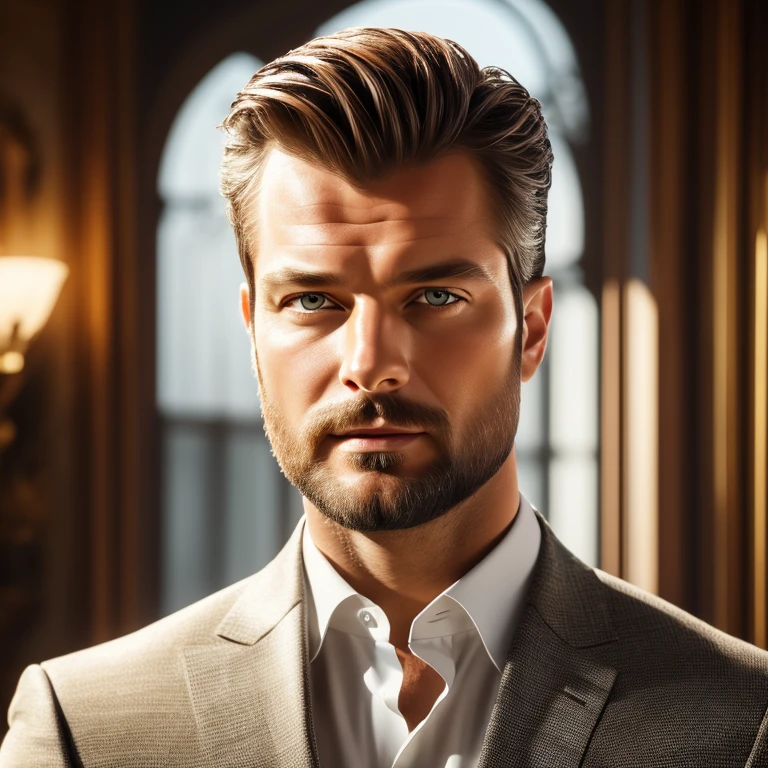 best quality,ultra-detailed,Kivanç Tatlitug with hazel eyes,suave and confident look,dark hair,well-groomed beard,sharp facial features,charming smile,tailored suit,posing in a luxurious setting,soft lighting,warm color tones,captivating gaze,expressive eyes,mesmerizing presence,artistic portraiture-painting style,vivid colors,subtle brushstrokes,photorealistic rendering,finely detailed facial expressions,impeccable fashion sense,sophisticated elegance,timeless beauty,perfect symmetry,high-res image,flawless skin complexion,refined taste,masterpiece:1.2, hazel eyes, hazel eyes,hazel eyes,hazel eyes,hazel eyes