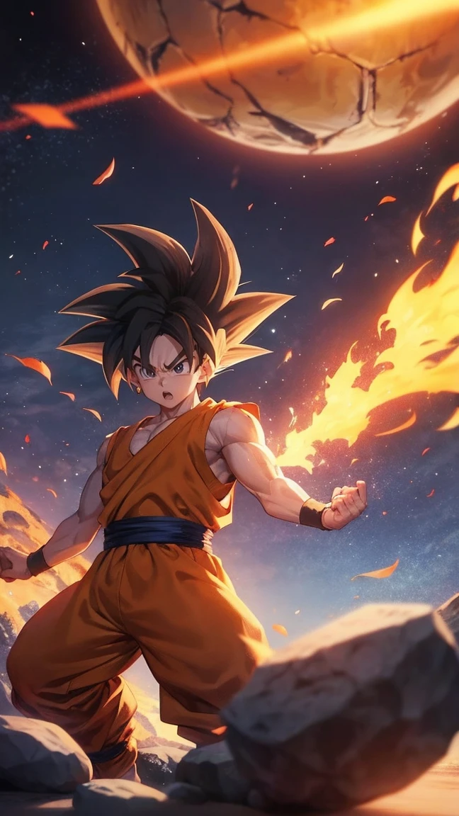 Goku Ultra Instinct, dragonballz, white fire, wearing typical dragonball clothes. Very angry. The background is darked, flying pebbles, wind, thick smoke, lots of big rocks, fire