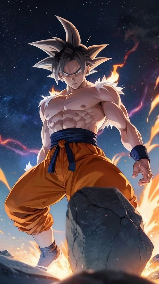 Goku Ultra Instinct, dragonballz, white fire, wearing typical dragonball clothes. Very angry. The background is darked, flying pebbles, wind, thick smoke, lots of big rocks, fire