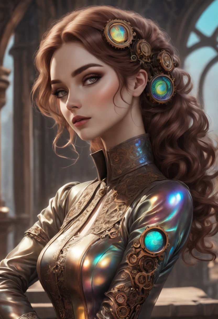 Steampunk style beautiful woman wearing an iridescent Long Sleeve Top, HD 209458 b planet, Stretching, . Antique, mechanical, brass and copper tones, gears, intricate, detailed