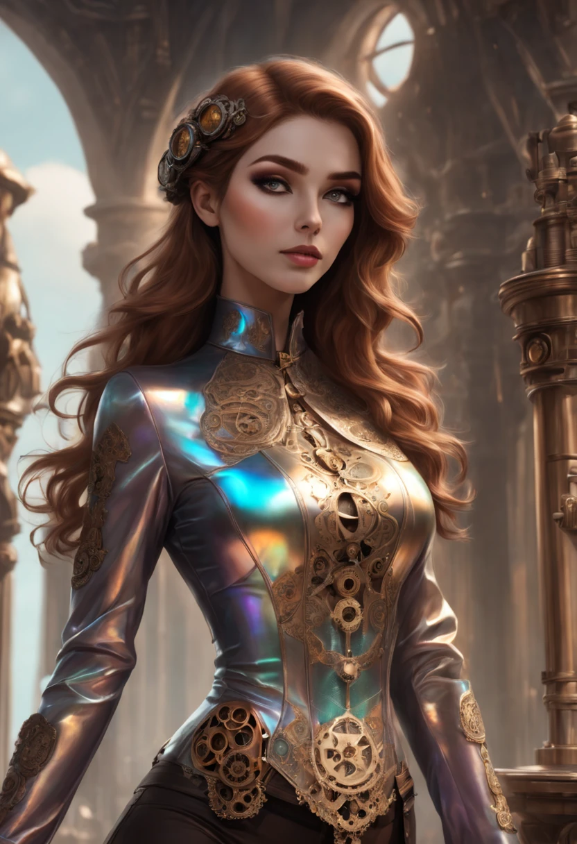 Steampunk style beautiful woman wearing an iridescent Long Sleeve Top, HD 209458 b planet, Stretching, . Antique, mechanical, brass and copper tones, gears, intricate, detailed