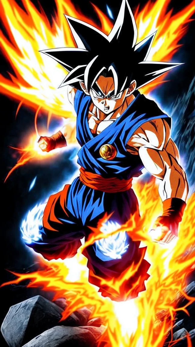 Goku Ultra Instinct, dragonballz, white fire, wearing typical dragonball clothes. Very angry. The background is darked, flying pebbles, wind, thick smoke, lots of big rocks, fire