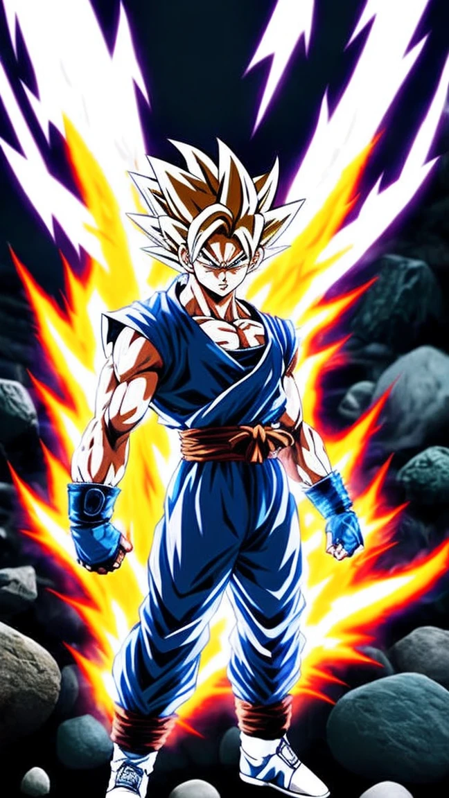 Goku Ultra Instinct, dragonballz, white fire, wearing typical dragonball clothes. Very angry. The background is darked, flying pebbles, wind, thick smoke, lots of big rocks, fire