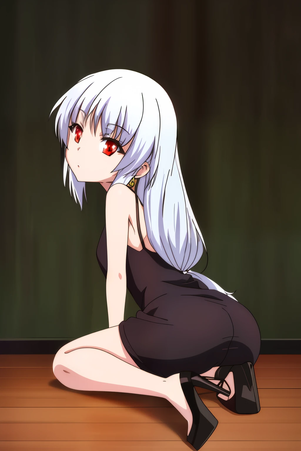 Work of art 1 Alone girl, long white hair, 1 strand of hair in front of the face, red eyes, small breasts, small ass, tight casual dress, black high heels, cute girl looking at camera