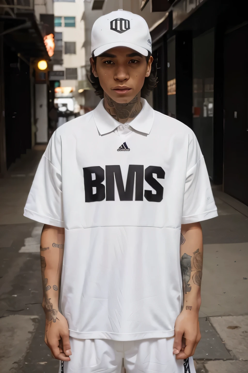 Create mockups for an oversized polo shirt inspired by football shirts, aderindo ao conceito de streetwear mencionado anteriormente. A camisa deve ser predominantemente preta e branca, embodying the modern essence of streetwear fashion. Integre elementos de camisa de futebol, como listras contrastantes ousadas, patterns, or even subtle references like numbering. Mantenha um layout limpo e elegante para destacar o ajuste superdimensionado, ensuring the design reflects the contemporary, urban vibe consistent with the brand&#39;s streetwear aesthetic. Gere uma foto que exale uma vibe natural e brasileira para o conceito de streetwear mencionado anteriormente. The person in the photo must reflect a typical Brazilian appearance, considerando o estilo de roupa, Characteristics, e arredores. Adicionalmente, you can include tattoos on the person, enhancing streetwear aesthetics. Strive for a genuine look that blends seamlessly into street culture, capturing the essence of modern Brazilian street fashion.
