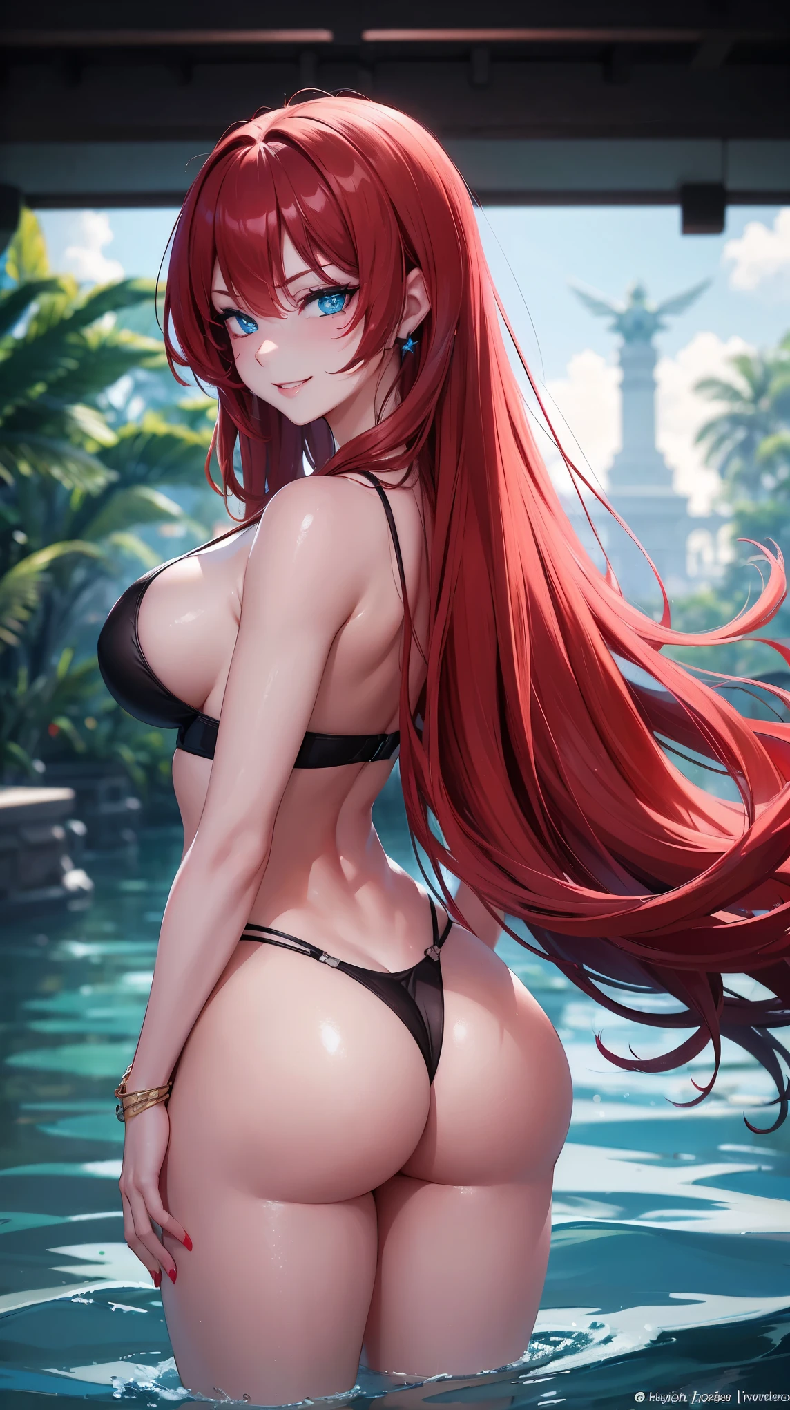 red hair, straight hair, wet hair, jewelry, eye reflection, star-shaped pupils, (perfect aqua blue eyes), one eye closed, evil smile, smug, tsundere, red lips, cheek-to-cheek, cinematic lighting, chromatic aberration, god rays, ray tracing, motion blur, drop shadow, angle from behind, Eye-Level Shot, UHD, masterpiece, high details, high quality, best quality, highres, 16k, ((perfectly curvacious ass)), (detailed pupils), ((thick perfect thighs)), beautifully detailed pupils