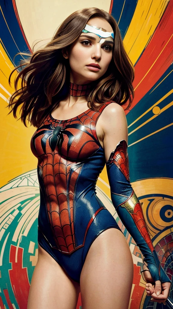 Natalie Portman、Sticking out the navel、newyork、She wears a torn Spider-Man suit,wearing a skirt、abstract photorealistic、artistic、Alphonse Mucha's painting(masterpiece、highest quality、High resolution:1.4)、detailed、複雑なdetailed、In 4K、color splash、line drawing、fibonacci、