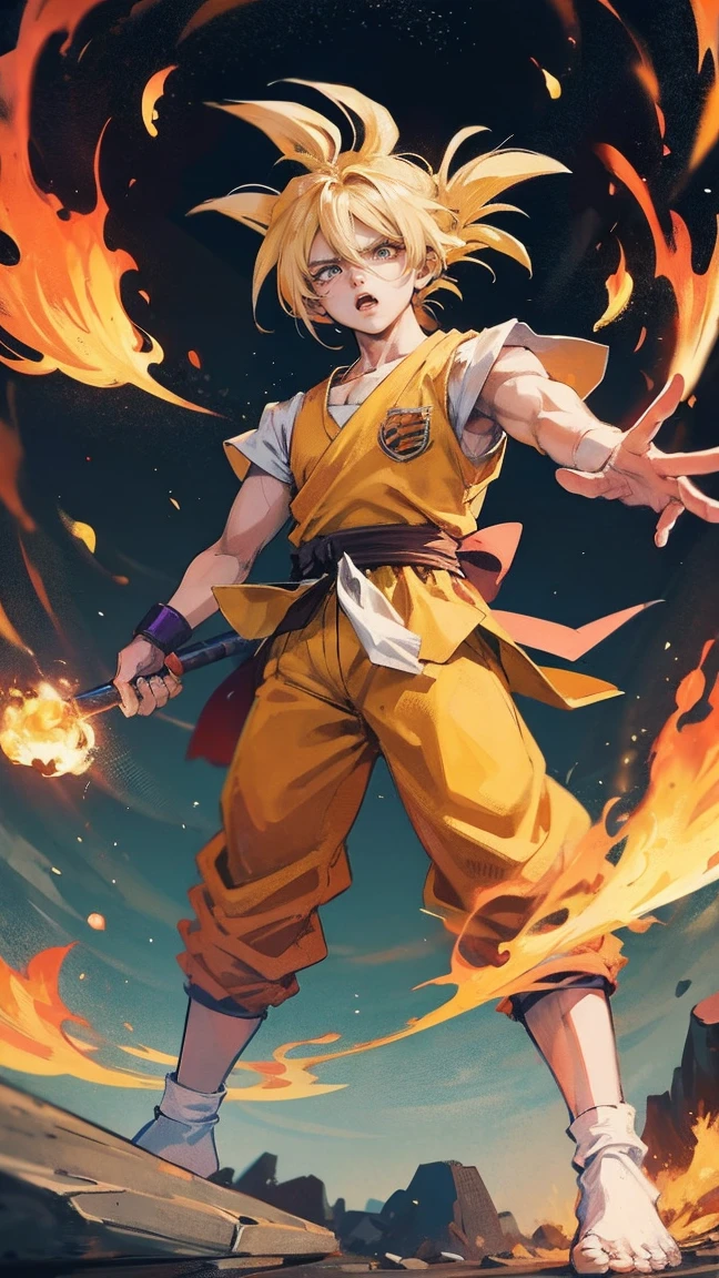 Goku Ultra Instinct, dragonballz, white fire, wearing typical dragonball clothes. Very angry. The background is darked, flying pebbles, wind, thick smoke, lots of big rocks, fire