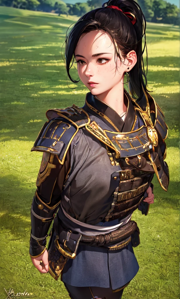 4k, 8k, best quality, ultra high res, (photorealistic:1.4),(masterpiece:1.2), best quality, masterpiece, highres, original, extremely detailed wallpaper, (ultra-detailed), (best illustration), (best shadow), (realism), realistic, 1girl, solo, ((adult)) , samurai, black hair, bangs, (high ponytail), very detailed faces, (detail eyes:1.2), brown eyes, (red armor), uniform, shoulder badge, shibari, looking at viewer, cool face, blood on face, dirty face, slime girl, cowboy shot, dusk, yellow sun, grass field,