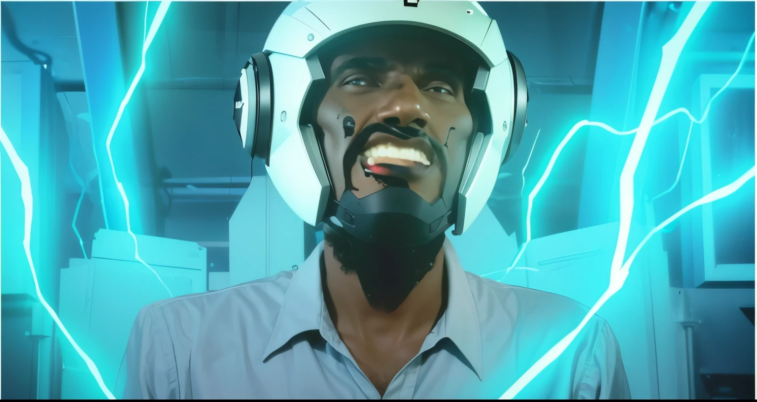 (obra de arte), (extremamente complexo:1.3), (realista), homem negro, receiving powers from an ultra-technological helmet, raios azuis, from the invincible series, fotografia profissional, sharp focus, dramatic, premiado, cinematic lighting, Octane rendering, motor irreal, dtx volumétrico, (Film grain)