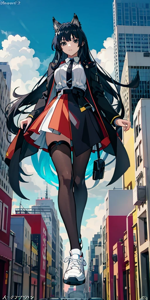 Anime girl with long black hair and black coat, tie, wolf girl, shoujo, from arknights, cool anime shoujo, 2D anime style, anime girl with anime horn ears, black stockings, white sneakers, white shirts, mafia ,city,giantess