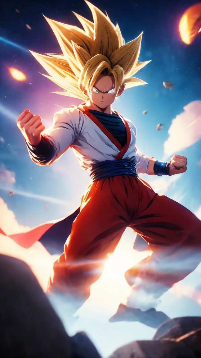 Goku Ultra Instinct, dragonballz, white fire, wearing typical dragonball clothes. Very angry. The background is darked, flying pebbles, wind, thick smoke, lots of big rocks, fire