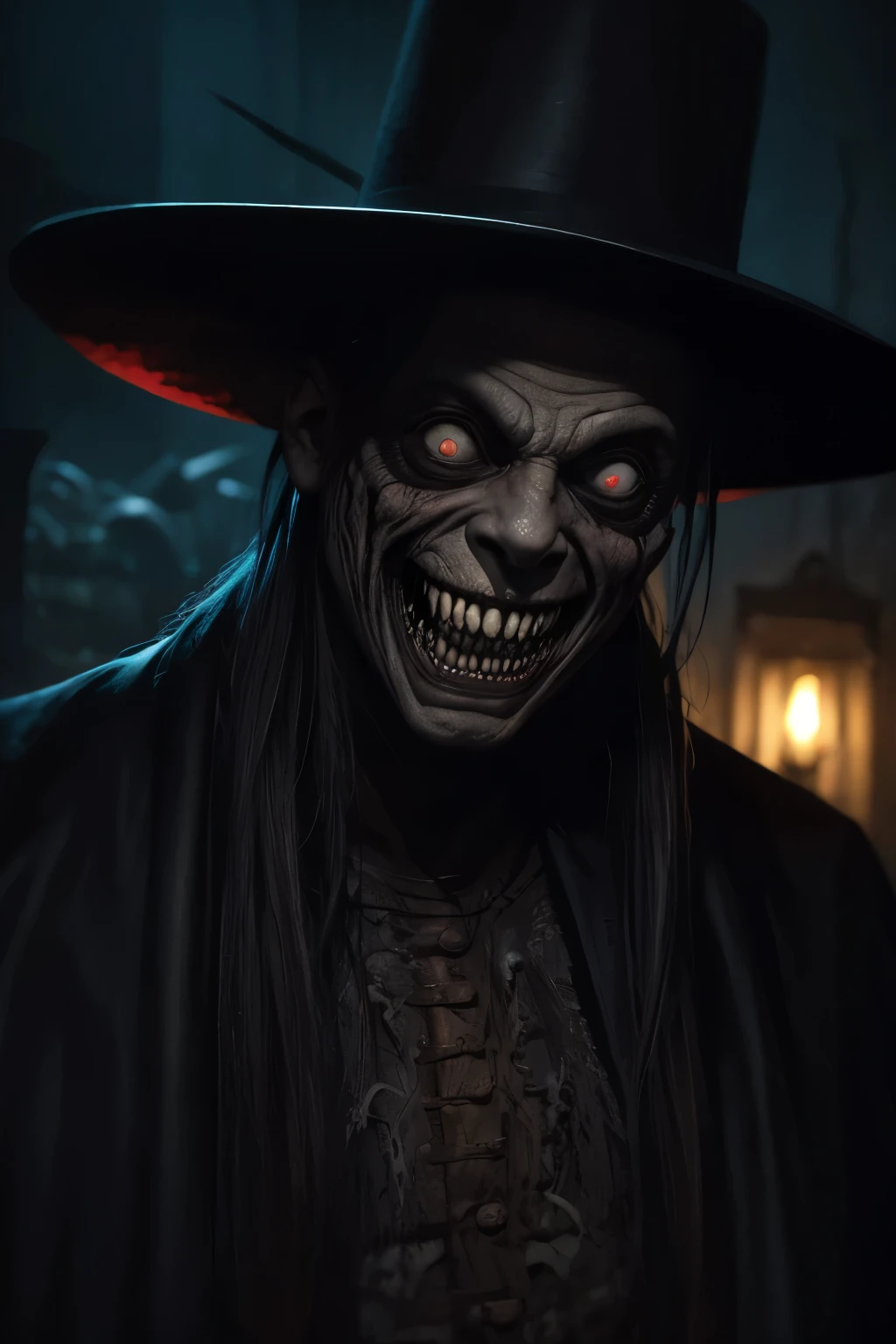 painting of a creepy looking man with a hat and a big grin, Horror fantasy art, ( ( ( Horror art ) ) ), horrible smile. Horror, Horror illustration, Horror painting, nightmarish illustration, Horror macabre face, evil smile, white eyes