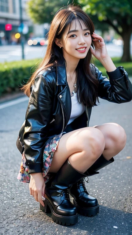 (realistic, photo-realistic:1.37),(8K, RAW photo, highest quality, masterpiece:1.2), cute, super detailed,heart-shaped eyes,Physically based rendering, ultra high resolution, Kodakvision Color, Shot with Aricum LT camera, Bokeh, sharp focus, looking at the viewer,photorealistic,realistic, alone, photorealistic, highest quality,highly detailed face,highly detailed eyes and face, beautiful and fine eyes,disorganized, incredibly disorganized,unforgettable smile,messy hair, floating hair, black leather jacket、Multicolored sparkly embellished midi skirt、brown ankle boots、standing position