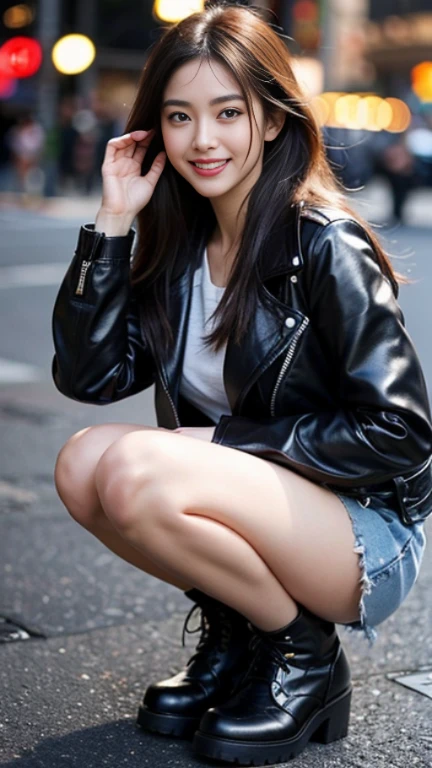 (realistic, photo-realistic:1.37),(8K, RAW photo, highest quality, masterpiece:1.2), cute, super detailed,heart-shaped eyes,Physically based rendering, ultra high resolution, Kodakvision Color, Shot with Aricum LT camera, Bokeh, sharp focus, looking at the viewer,photorealistic,realistic, alone, photorealistic, highest quality,highly detailed face,highly detailed eyes and face, beautiful and fine eyes,disorganized, incredibly disorganized,unforgettable smile,messy hair, floating hair, black leather jacket、Multicolored sparkly embellished midi skirt、brown ankle boots、standing position