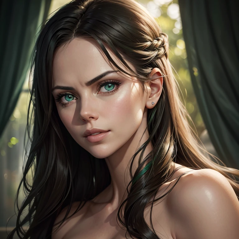 best quality,ultra-detailed,realistic),beautiful detailed green eyes,close-up portrait,Charlize Theron with mesmerizing eyes,graceful and confident posture,soft lighting,dark green background,vibrant colors,hint of mystery and allure,photorealistic rendering,striking beauty,studio shot,sharp focus,intense gaze,sophistication and elegance,subtle smile,high resolution,professional photography,hint of drama,celebrity beauty,perfect complexion,long dark lashes,long wavy brunette hair,subtle makeup,flawless skin,expressive eyes,enchanted beauty,subtle highlights on the face,subtle shadows,subtle reflection in the eyes,faint hint of greenery,emerald green mesmerizing gaze,mesmerizing and captivating presence.