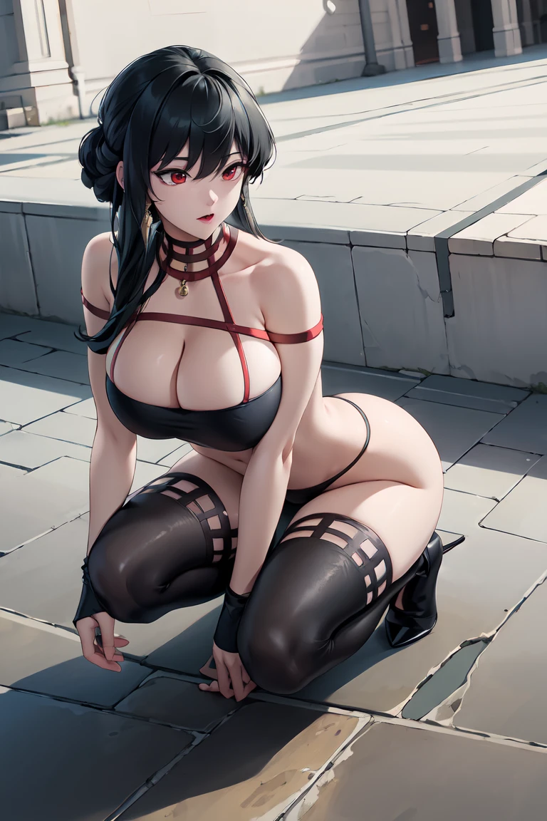 (best quality,Unparalleled masterpiece:1.r,Ultra-detailed CG 4K,black hair,red eyes,High heel, Black loose bikini,huge,rendering,huge,squat on the ground,thong