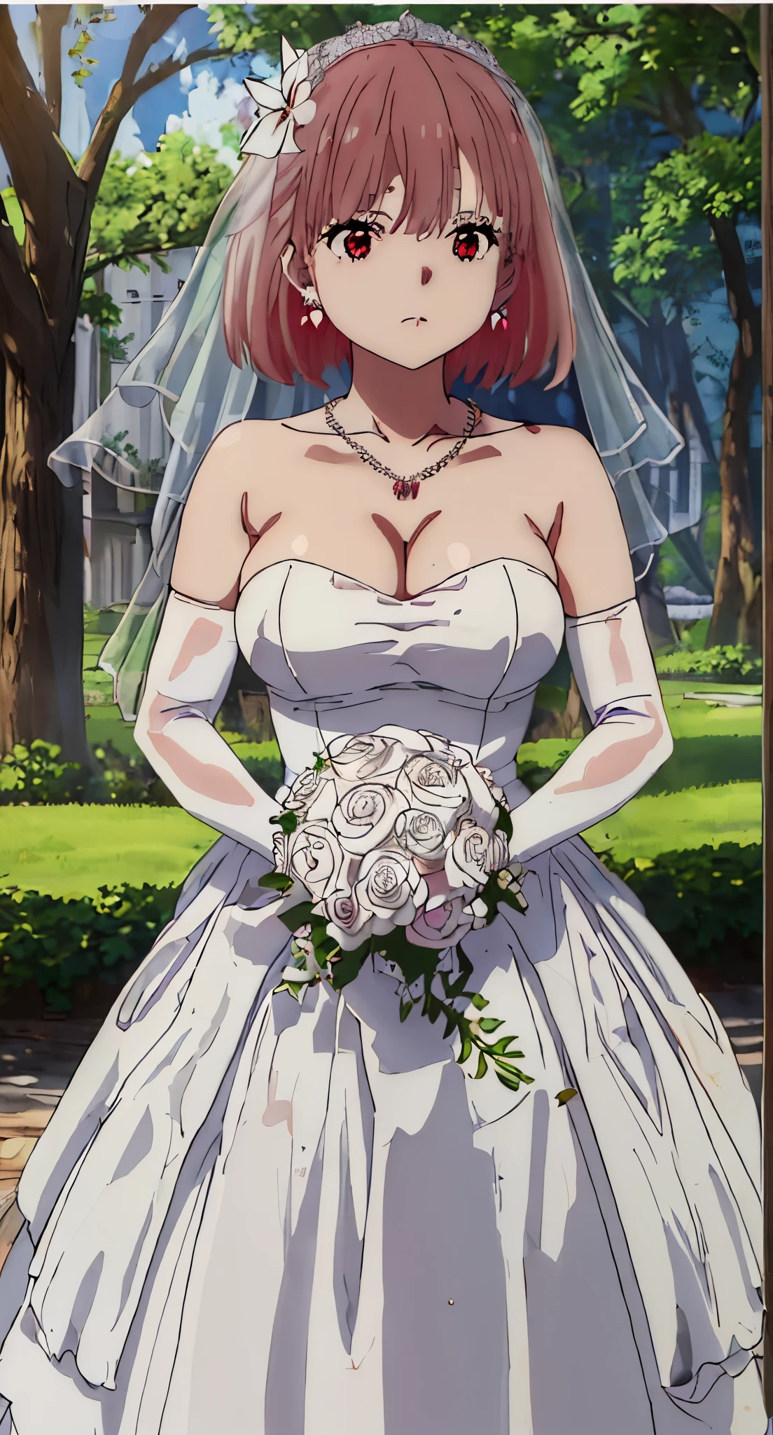 best quality, masterpiece, high resolution, alone, nishikigi_Thousand miles, short_hair, Bangs, blonde_hair, red eyes， Close-up of beautiful bride wearing beautiful wedding dress,Gurwitz,(bridal veil:1.5），（Transparent short veil：1.5），Blushing face，Head flower，headgear，（tube top wedding dress：1.5），（Silk dress：1.2）,（Strapless wedding dress：1.5）,pure white dress，necklace，earrings，(large breasts:1.3)，Deep V peach heart collar wedding dress，Bangs，lipstick，（elbowgloves：1.3）,whole body照,High detail RAW color art,Long white dress，whole body，Place your hands behind your back，