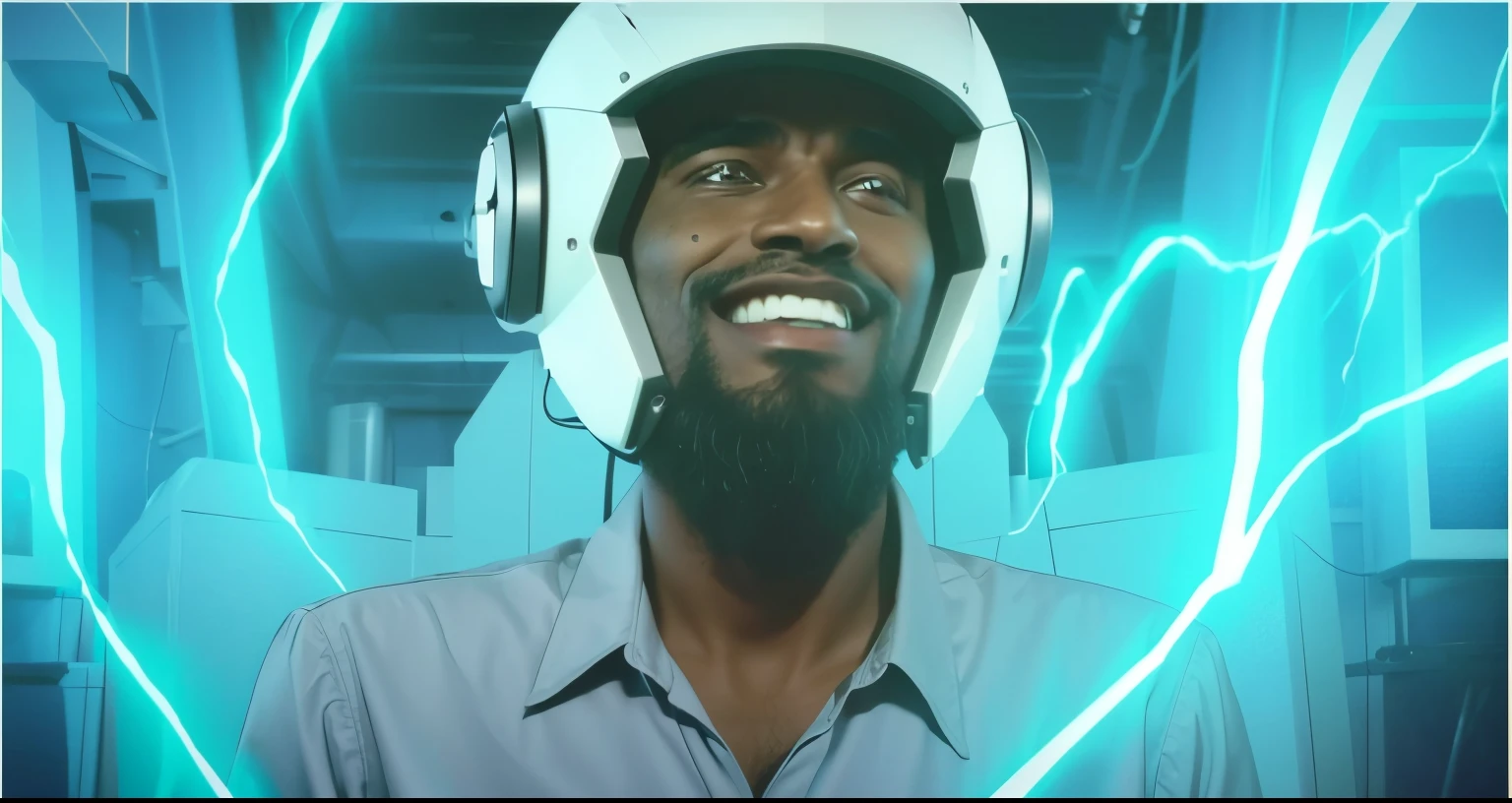 (obra de arte), (extremamente complexo:1.3), (realista), homem ?????, barba preta, receiving powers from an ultra-technological helmet, raios azuis, from the invincible series, fotografia profissional, sharp focus, dramatic, premiado, cinematic lighting, Octane rendering, motor irreal, dtx volumétrico, (Film grain)