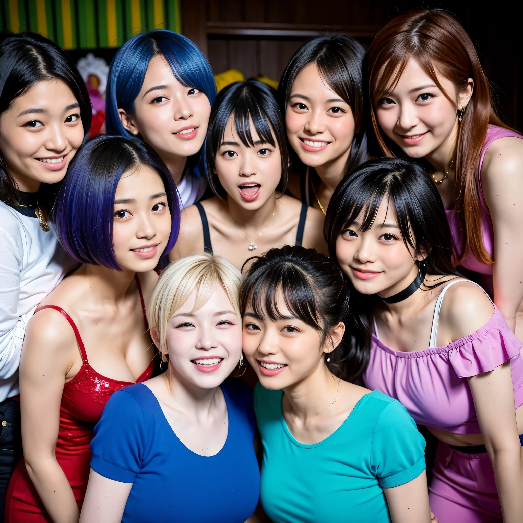 Best-quality, Masterpiece, Ultra-High-Resolution, (Photorealistic:1.4), Raw-Photo, 2-lesbian-couples, the most popular Japanese-idols, ((all having a lot of fun at lesbian orgy)), all high-on, all completely-drunk, all extremely cute and each different faces, all extremely beautiful big-solid-circle-eyes, all extremely beautiful and each different-colored hair, all extremely beautiful body