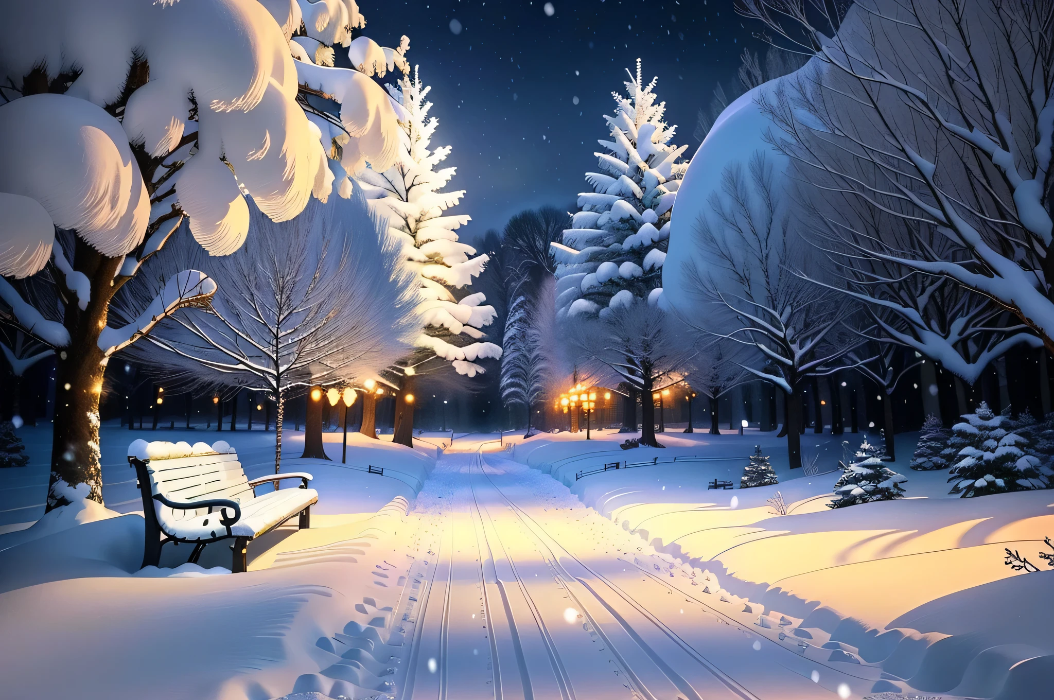 snowy path with benches and string lights in a park, snowy winter christmas night, light snowfall, cozy lights, winter setting, beautiful winter area, snowy night, snowfall at night, snowy winter scene, winter scene fantasy, winter wonderland, cosy enchanted scene, winter night, fairy lights, snowy winter, winter atmosphere, perfect lighting in a snow storm, glowing snow, cozy setting