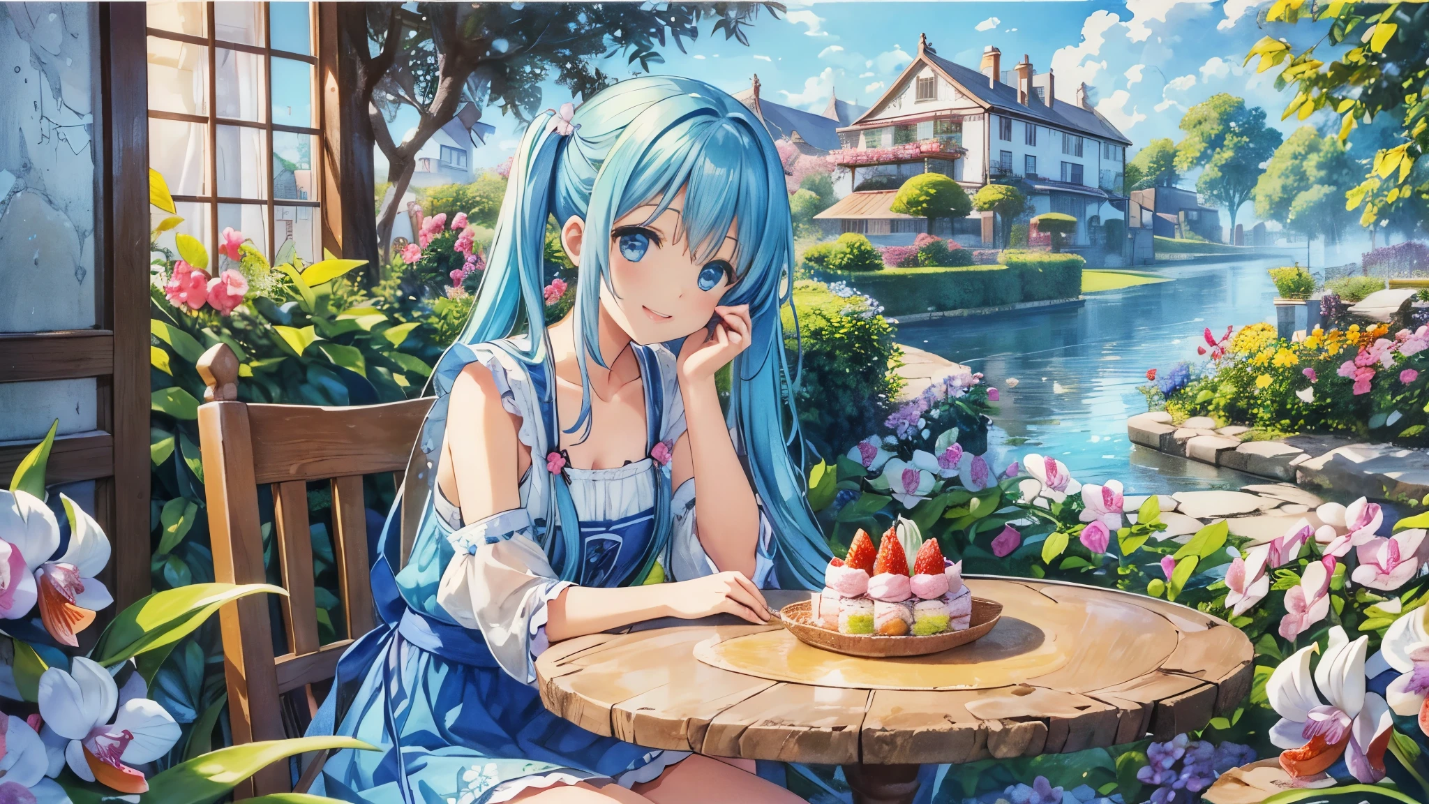 (High resolution、Super detailed、nffsw、movie)、alone、1 girl、happiness、Orchid Flower Garden、Eating a strawberry parfait at a cafe、Girl around the petals、cute smile、Full body Esbian、Long-haired girl with blue hair、Light blueの髪、twin tails、adorable smile、fantasy、official art、pop art、profile、highly detailed face、highly detailed eyes、Orchid Flower Garden、Ultra Detailed Fields、White blue sky、 Light blue、blanche、watercolor painting、pastel colour