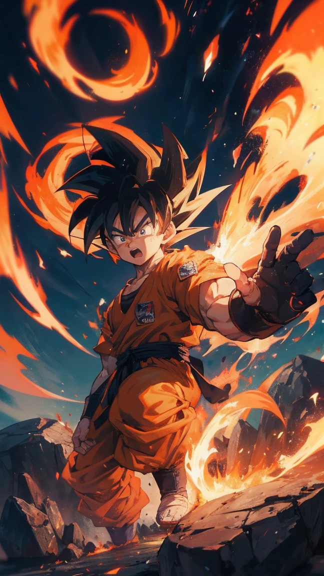 Goku Ultra Instinct, dragonballz, white fire, wearing typical dragonball clothes. Very angry. The background is darked, flying pebbles, wind, thick smoke, lots of big rocks, fire