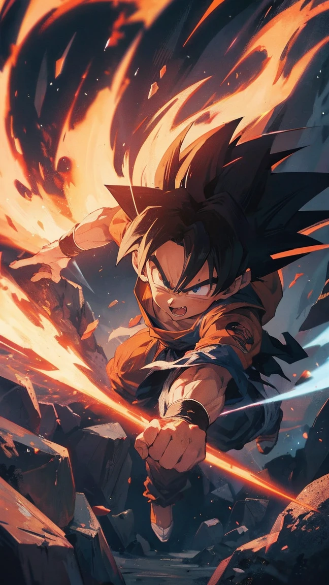 Goku Ultra Instinct, dragonballz, white fire, wearing typical dragonball clothes. Very angry. The background is darked, flying pebbles, wind, thick smoke, lots of big rocks, fire