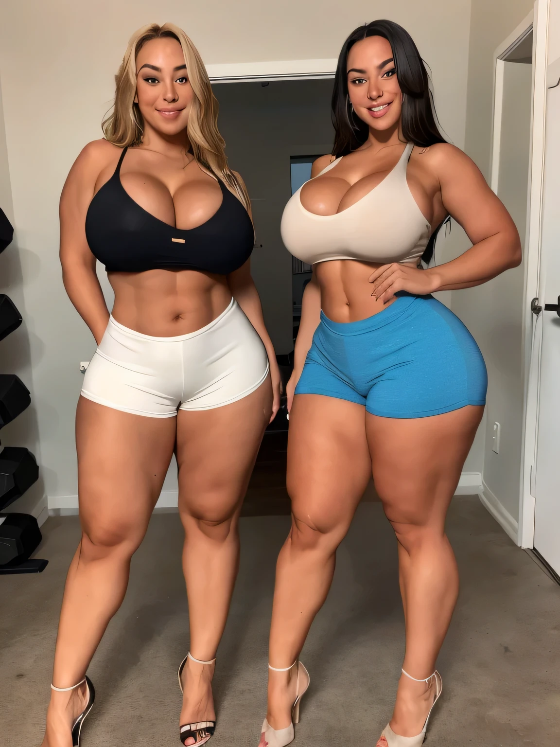 two tanned thick fit girls with strong muscular thighs in short tight shorts and top, one brunette with big breasts, one blonde hair with average breasts, cleavage, full length body shot, in heels, gym background