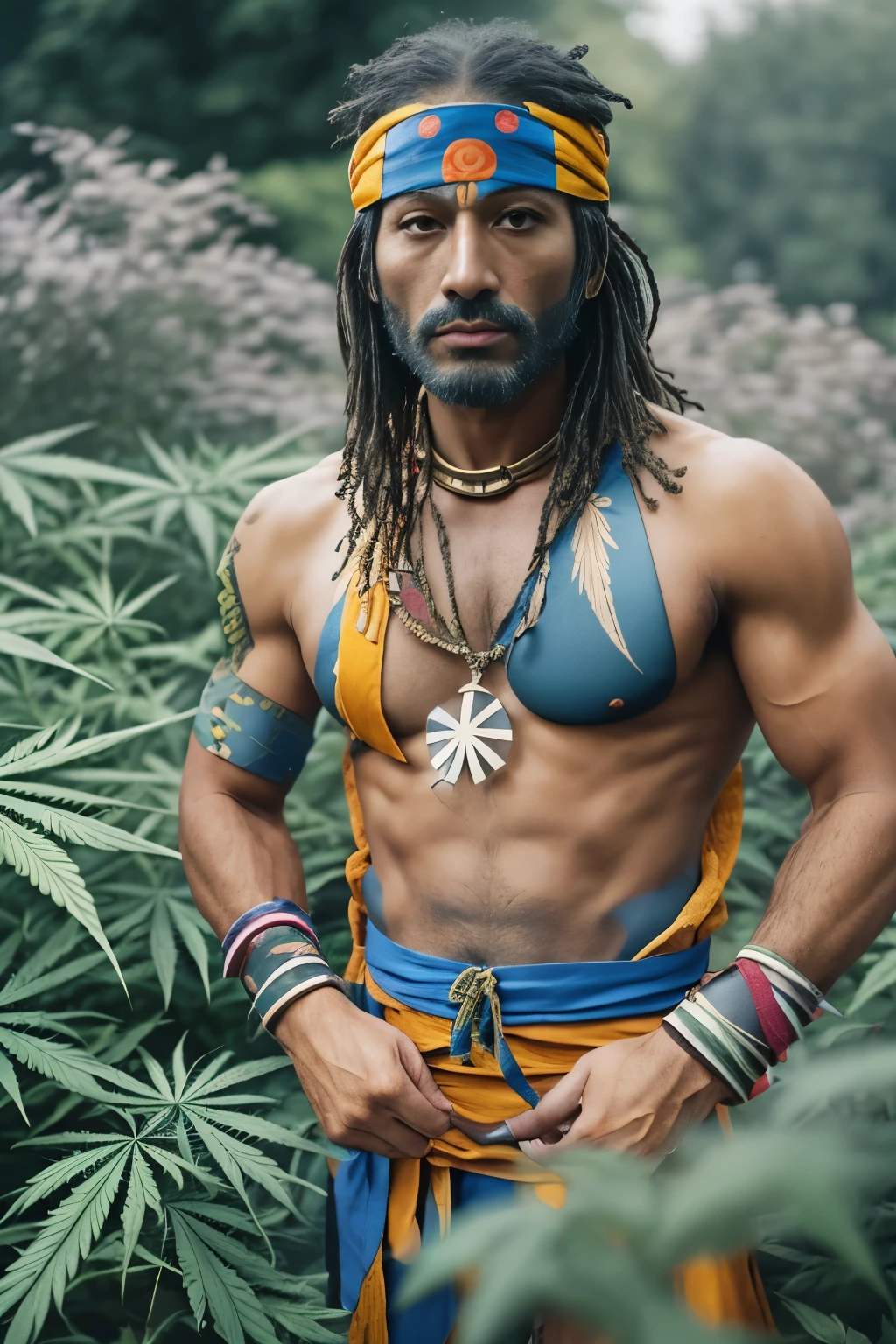 Photo of a handsome tall male Taino Shinobi ninja wearing flowing colorful garbs inspired by Persian art, wearing Shinobi headband hidden in the mist, dense cannabis sativa Summer garden background, film grain, Ilford HP5, 80mm