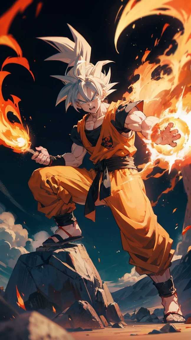 Goku Ultra Instinct, dragonballz, white fire, wearing typical dragonball clothes. Very angry. The background is darked, flying pebbles, wind, thick smoke, lots of big rocks, fire