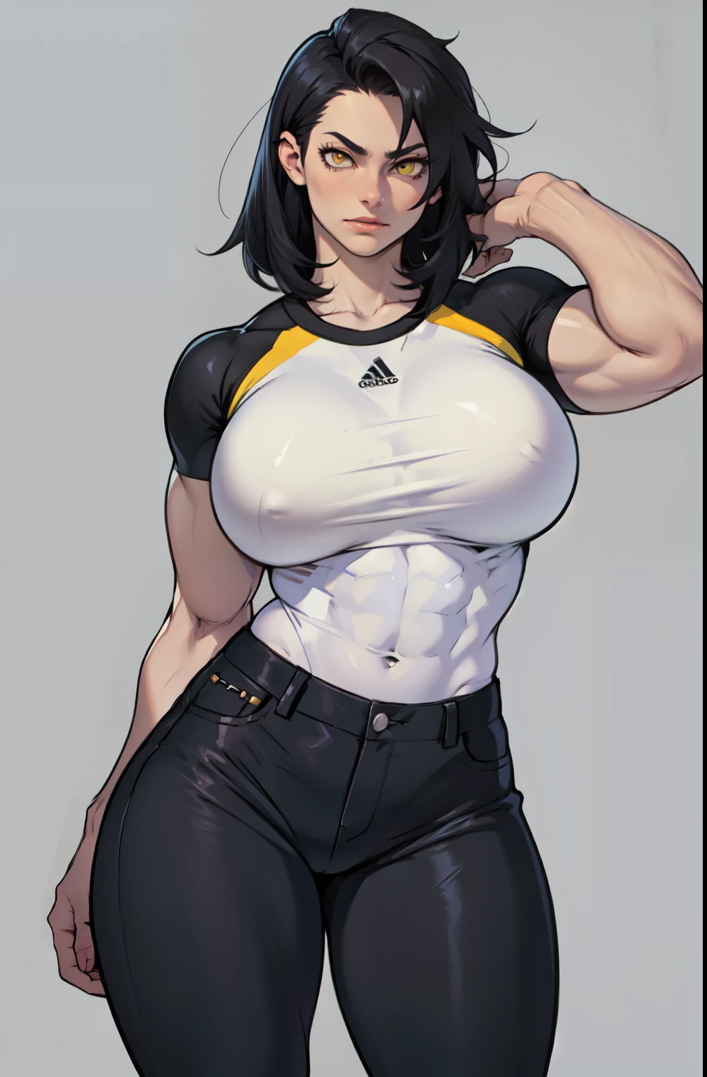 huge muscles breasts huge thighs toned body athletic tight shirt tight pants black hair yellow eyes pale skin girl