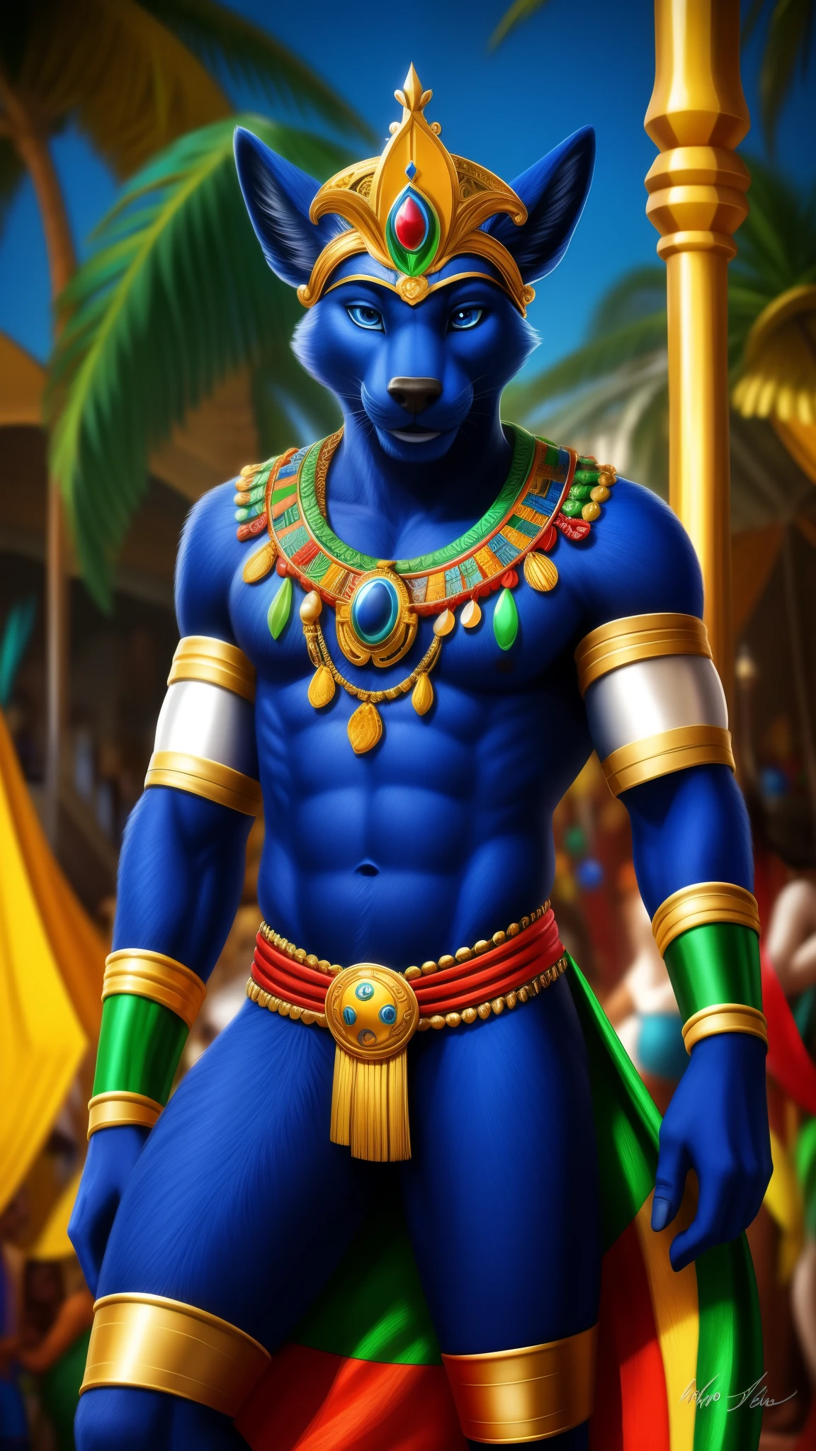 Dark blue furry wearing a Brazilian style outfit blue eyes a realistic background of Rio de Janeiro playing pagode Brazilian accent now a carnival in the background for the viewer the very cool smile unique and original visual HDR 99K