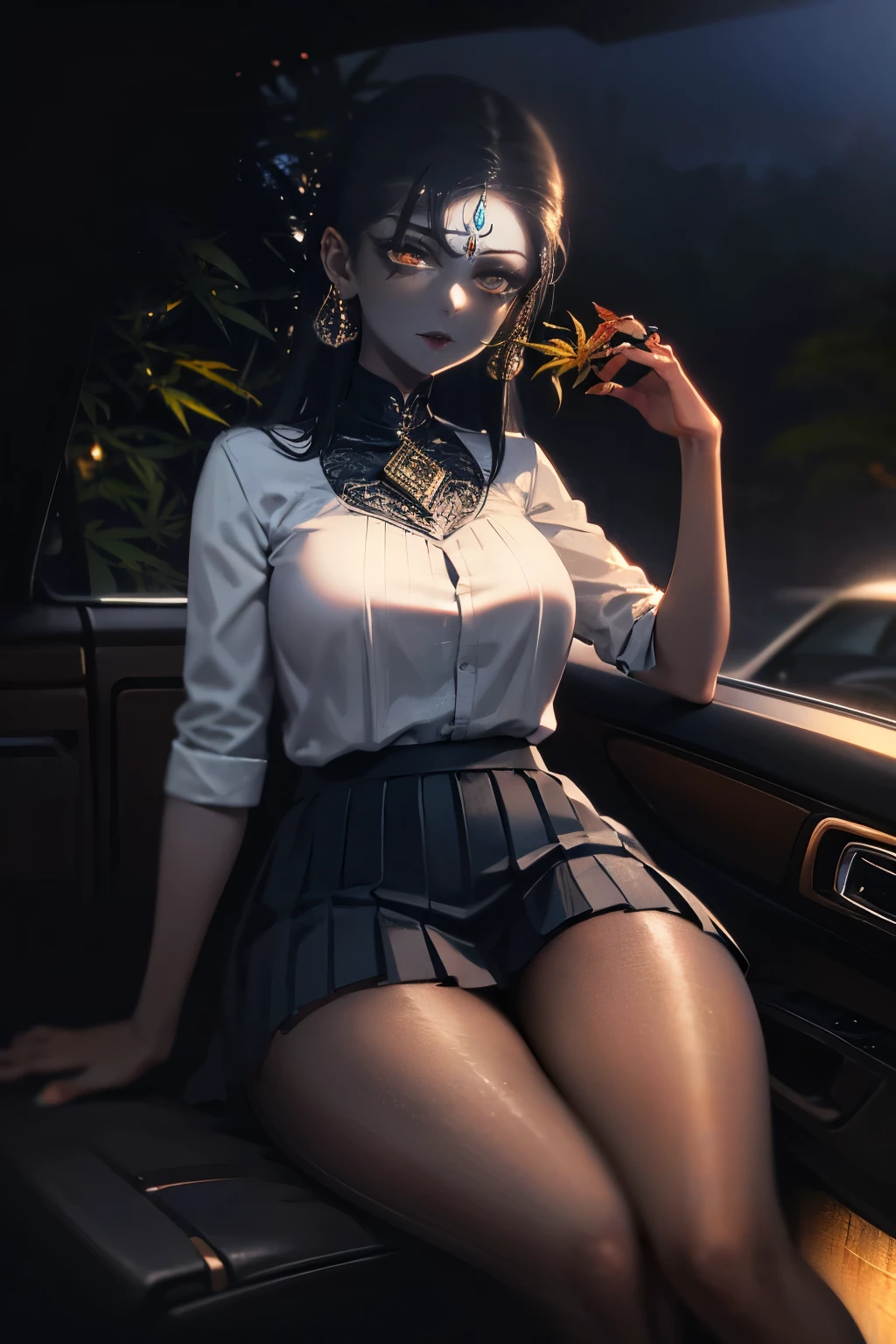 Benevolent ((dark-skinned Desi (goth) 40 yo goddess)) sitting in a car with her pretty perfect feet up while rubbing her inner thigh, short pleated skirt, plump thighs, (hairy pubes visible), high quality photo, the (dense cannabis indica tree forest Tokyo) behind her, driving