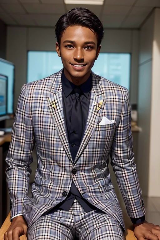 A dark-skinned man of African nationality with short hair is wearing a checkered suit and sitting at the table of his small company office, with the name "Gson Creativity" on the wall. He looks elegant, with a somewhat responsible and smiling face, a high nose, and slightly pink lips.