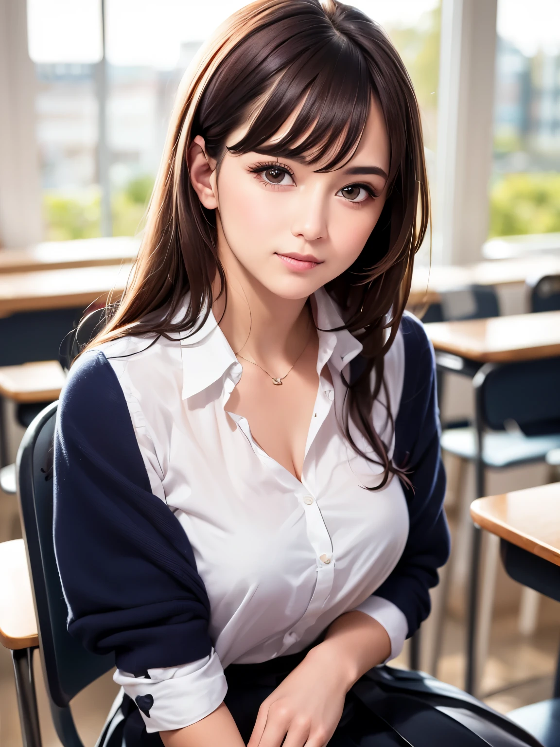 student, (White Button Shirt, Upper body, student服,black tie、sailor suit)、 (navy pleated skirt:1.1),highest quality, masterpiece, ultra high resolution, (realistic:1.4), RAW photo, cinch waist, thighs , short sleeve, School、inside the classroom, sit on a chair, looking at the viewer, film grain, chromatic aberration, sharp focus, face light, clear lighting, detailed face, background bokeh, (dark red tie:1.1)、(highly detailed skin, dark brown hair, beautiful fine hair, delicate and beautiful features, seductive smile, beautiful and fine eyes, real skin texture), (Medium chest, 20 years,solo,gentle expression、Smile、smile:1.1), (narrow eyes, blush, dark brown eyes), attractive face, perfect body, oily skin, glowing skin, high gloss skin, narrow, professional lighting, 1 girl, Lightly wavy dark brown hair, medium hair, cowboy_shot, gorgeous eyes, Naughty, fascinating look, UHD, highly detailed eyes, Look at the viewer, delicate face