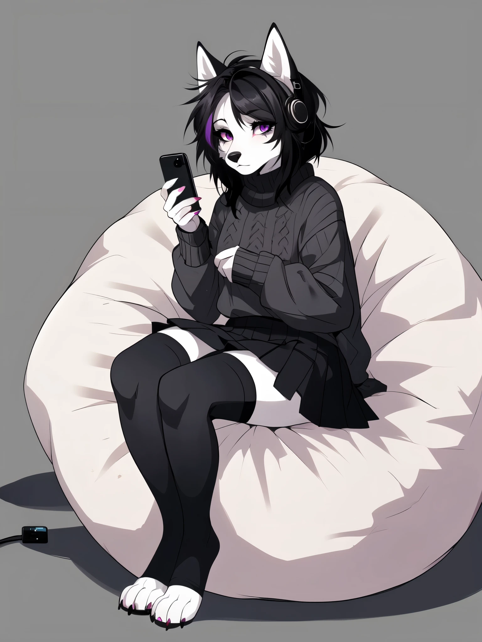 By fumiko, by hyattlen, flat colors, cell shading, anthro husky female, emo hair, black hair, hair covering one eye, purple eyes, white sclera, eyes, grey and white fur, standing, cartoon, gothic sweater, gothic skirt, thigh high socks, exposed toes, black eyeliner, holding a single iPhone with both hands, listening to music using headphones, sitting on a bean bag chair