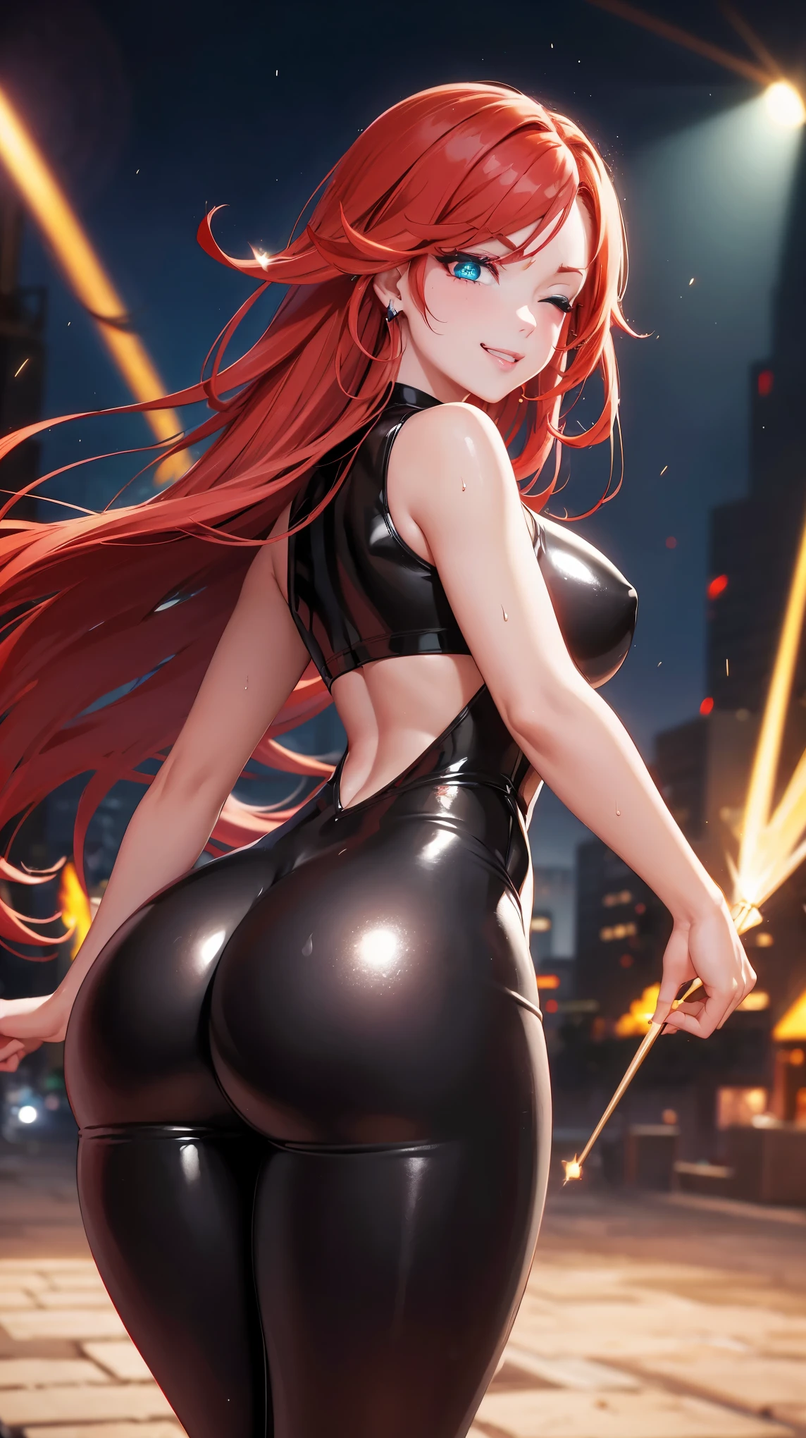 red hair, straight hair, wet hair, jewelry, eye reflection, star-shaped pupils, (perfect aqua blue eyes), one eye closed, evil smile, smug, tsundere, red lips, cheek-to-cheek, cinematic lighting, chromatic aberration, god rays, ray tracing, motion blur, drop shadow, angle from behind, Eye-Level Shot, UHD, masterpiece, high details, high quality, best quality, highres, 16k, ((perfectly curvacious ass)), (detailed pupils), ((thick perfect thighs)), beautifully detailed pupils, black latex bodysuit, latex ass