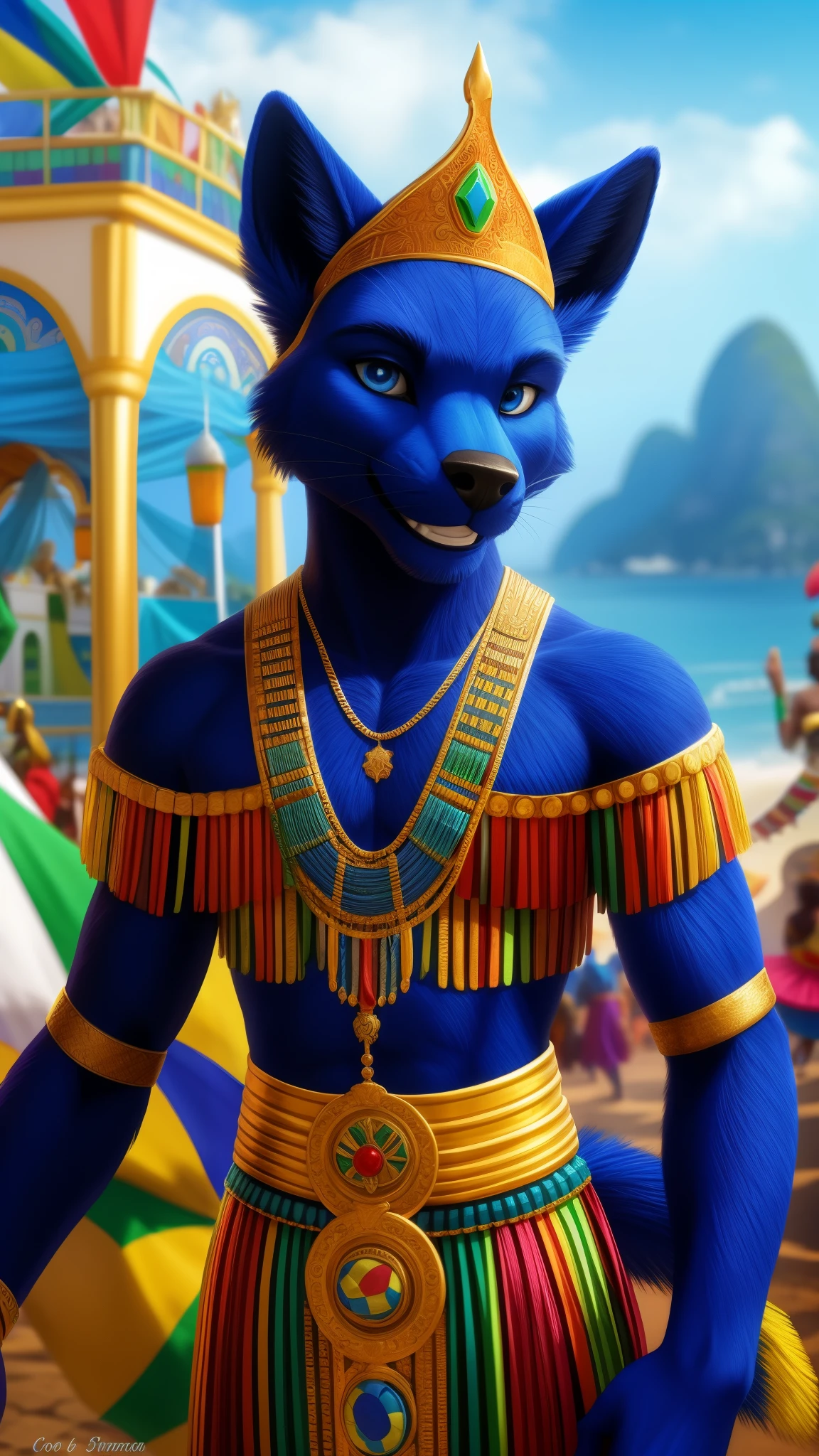 Dark blue furry wearing a Brazilian style outfit blue eyes a realistic background of Rio de Janeiro playing pagode Brazilian accent now a carnival in the background for the viewer the very cool smile unique and original visual HDR 99K