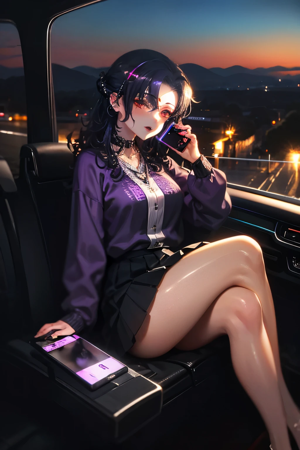 cruel ((glistening Irish (goth) 40 yo goddess)) with long purple curly hair sitting in a car with her pretty perfect feet up while talking on her cell phone, short pleated skirt, plump thighs, pubes visible, quality photo, in the middle of the cannabis forest Tokyo city streets, city streets behind her, driving