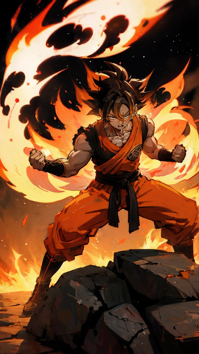 Goku Ultra Instinct, dragonballz, white fire, wearing typical dragonball clothes. Very angry. The background is darked, flying pebbles, wind, thick smoke, lots of big rocks, fire