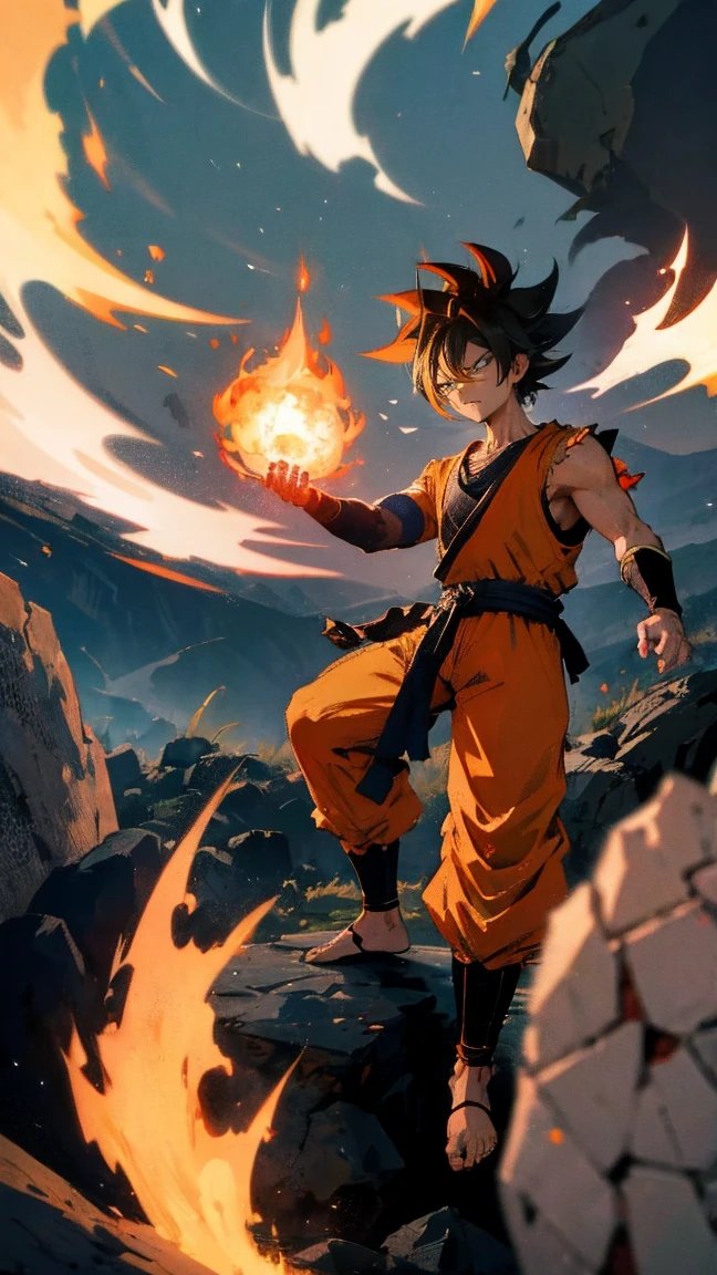 Goku Ultra Instinct, dragonballz, white fire, wearing typical dragonball clothes. Very angry. The background is darked, flying pebbles, wind, thick smoke, lots of big rocks, fire
