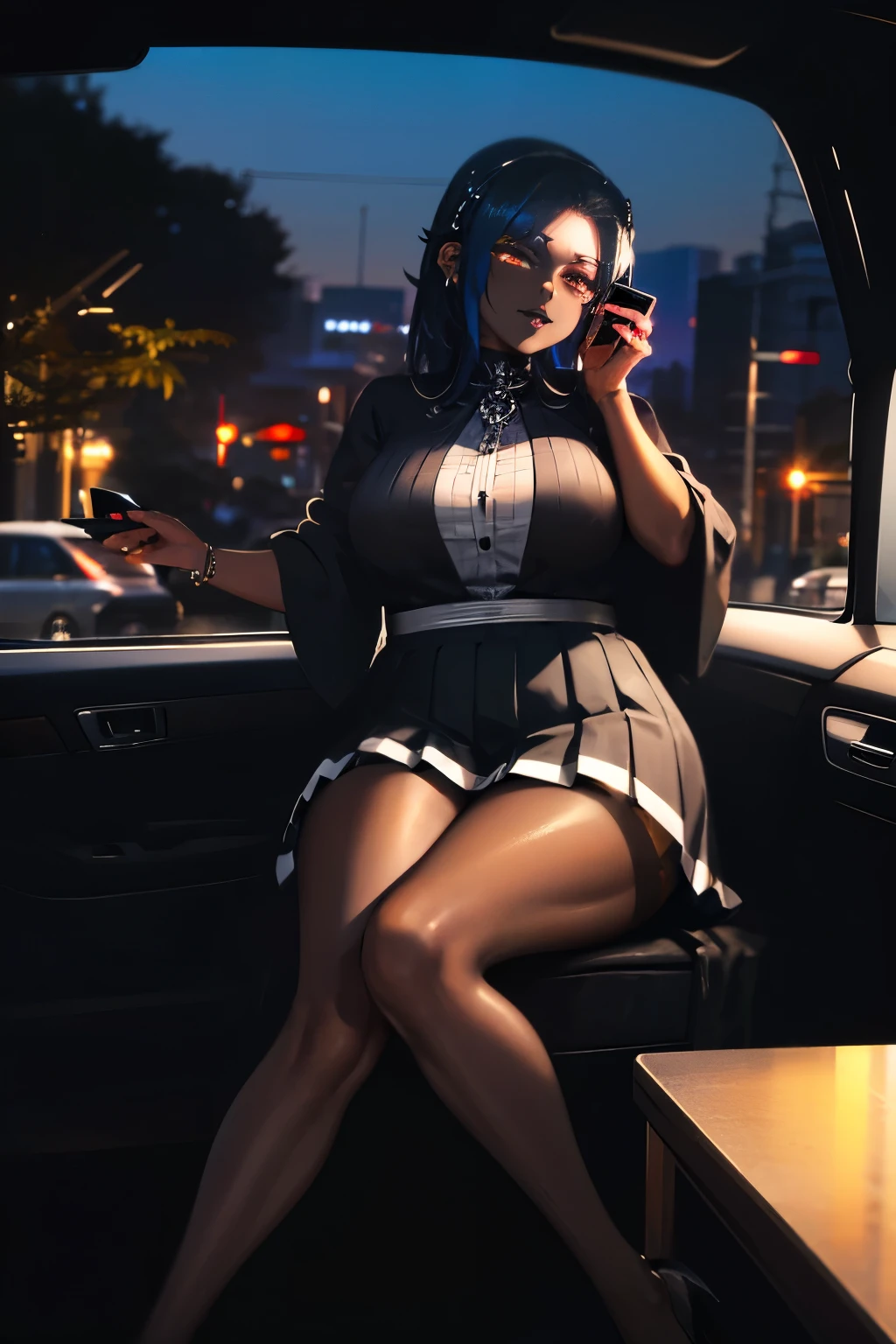 cruel ((dark-skinned Trinidadian goth 40 yo goddess)) sitting in a car with her pretty perfect feet up while talking on her cell phone, short pleated skirt, plump thighs, hairy pubes visible, quality photo, in the middle of the cannabis forest Tokyo city streets, city streets behind her, driving